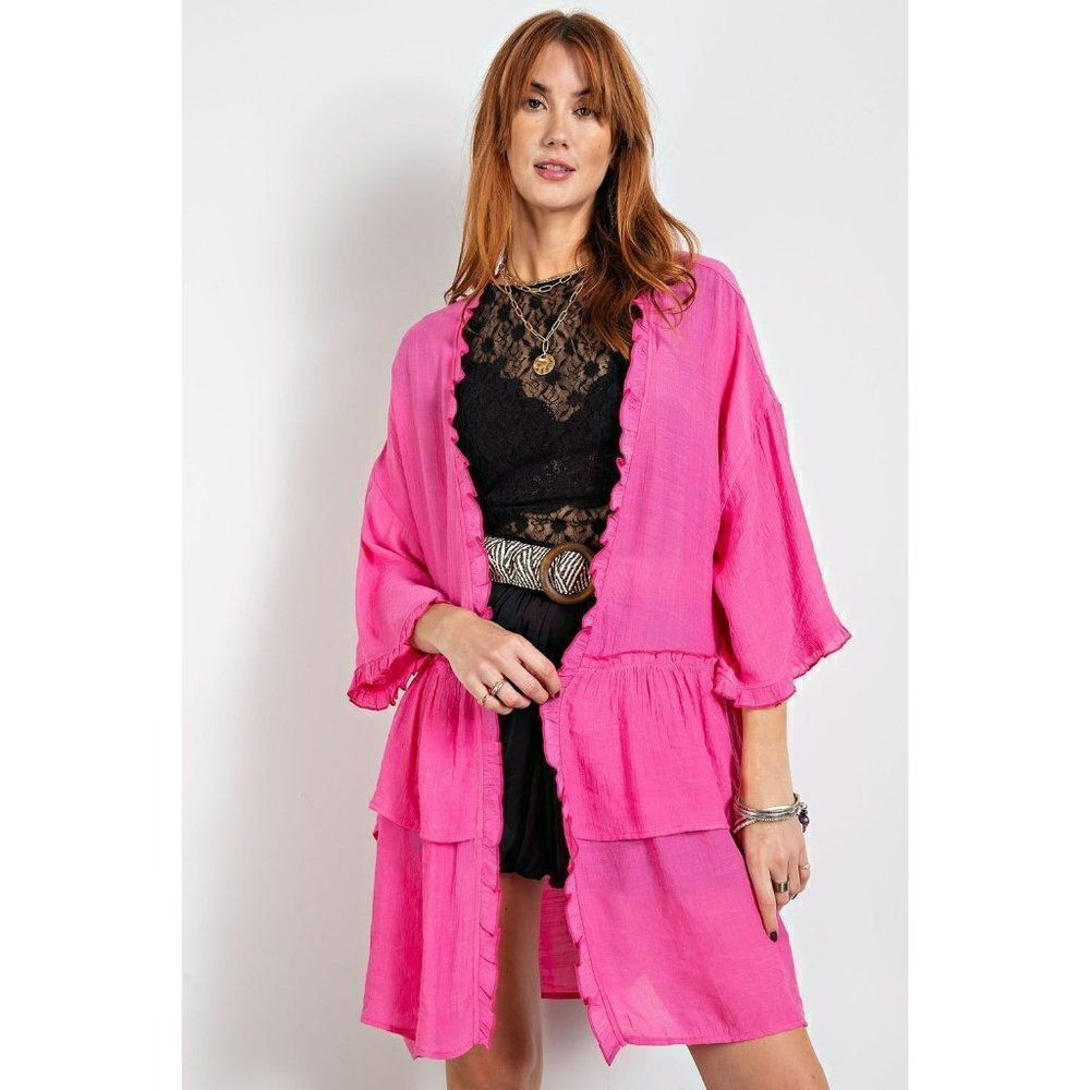 Easel Half Sleeve Double Ruffled Open Long Cardigan Barbie Pink S-L New ET3297